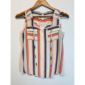 Xhilaration White Orange and Navy Striped Blouse Tank Sleeveless Crochet Size S